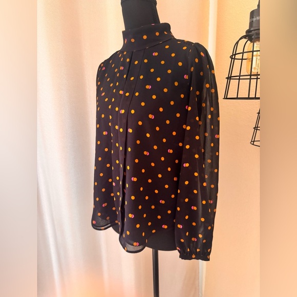 Ann Taylor Navy Tan Polka Dot Blouse XS Petite | Classic Print Work Top - Picture 2 of 9